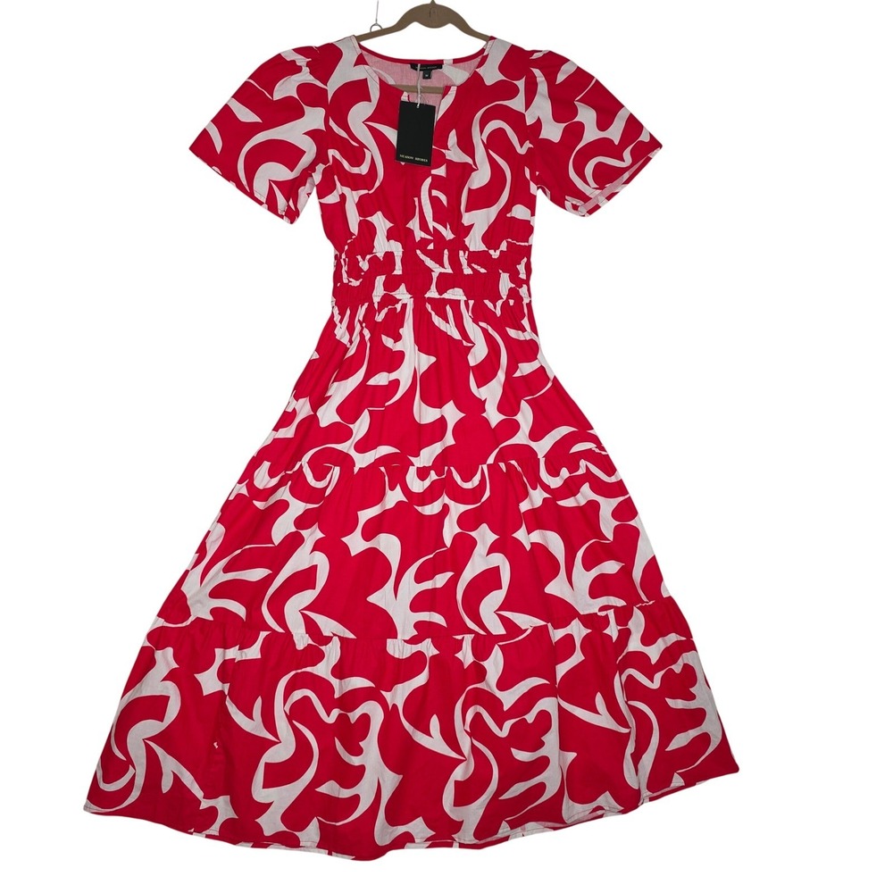 Meadow Rhodes NWT Red White Abstract Print Smocked Waist Tiered Midi Dress Sz M‎